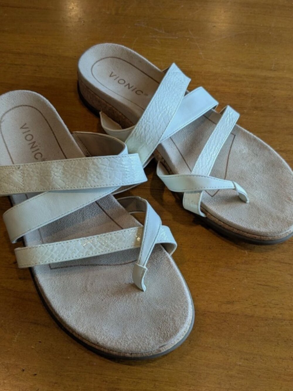 Vionic Womens Size 10 Off White Anelle Leather Strappy Cork Sandals Quiet Luxury